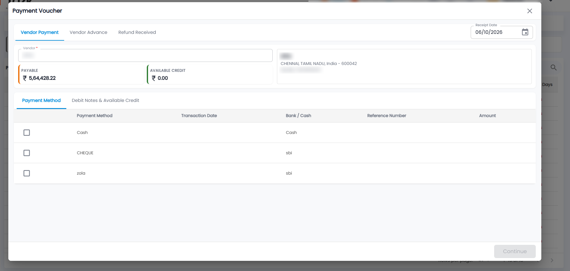 Tazk POS Payment Voucher opened from Payables with Vendor Payment, Vendor Advance and Refund Received tabs, Payable and Available Credit, and the Payment Method table