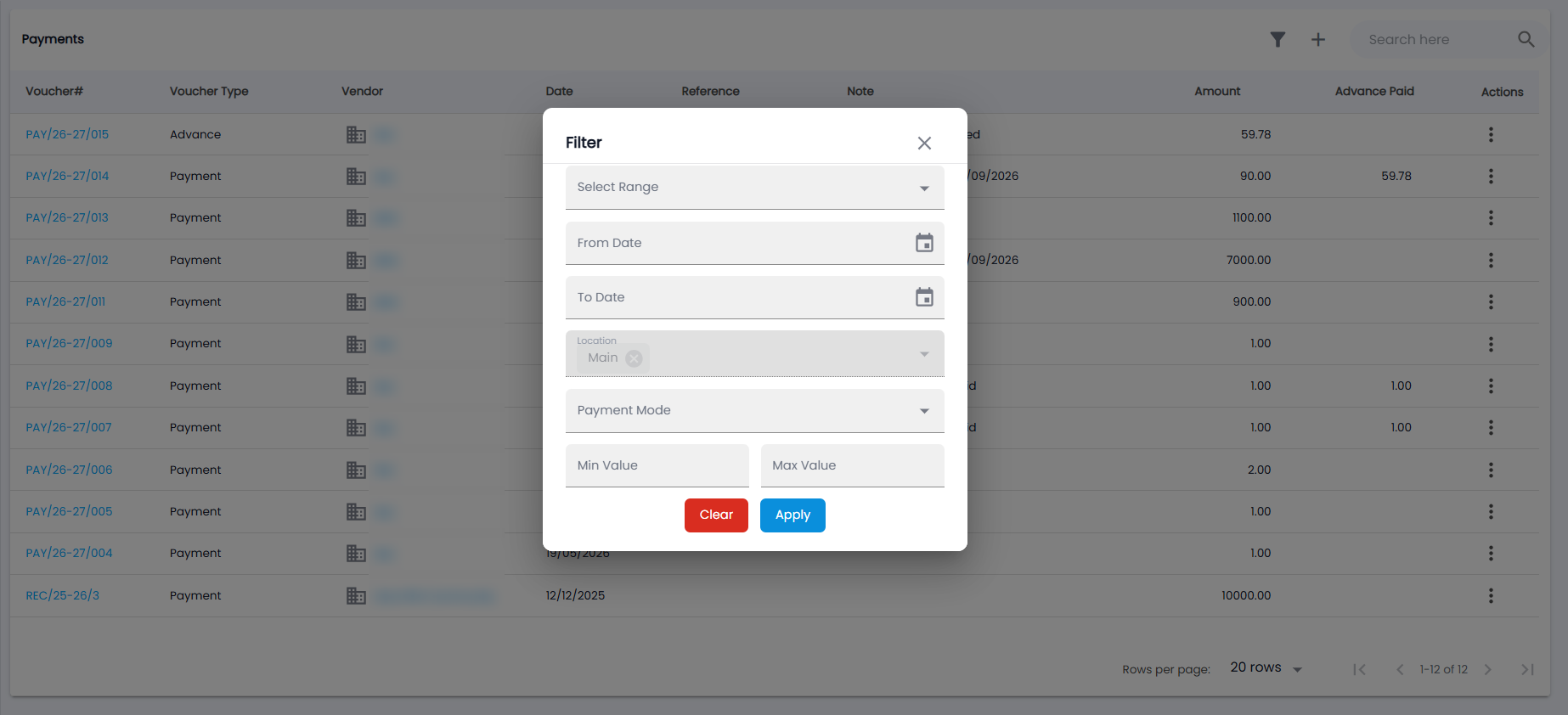 Tazk POS Payments filter with Select Range, From Date, To Date, Location, Payment Mode, Min Value and Max Value