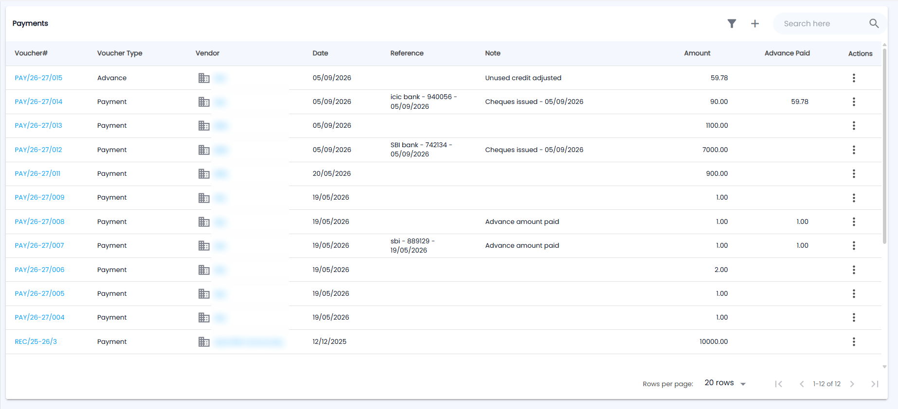 Tazk POS Payments list with Voucher#, Voucher Type, Vendor, Date, Reference, Note, Amount, Advance Paid and an actions menu