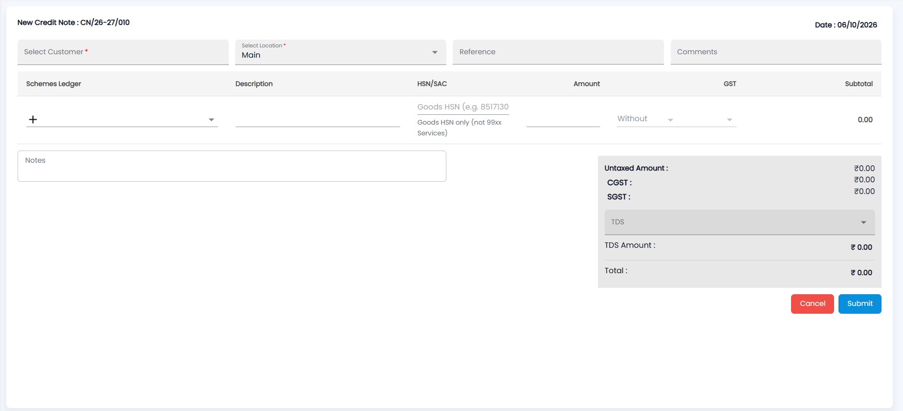 Tazk POS New Credit Note form with Select Customer, Select Location, Reference, Comments, a Schemes Ledger line with HSN, Amount and GST, and totals with TDS