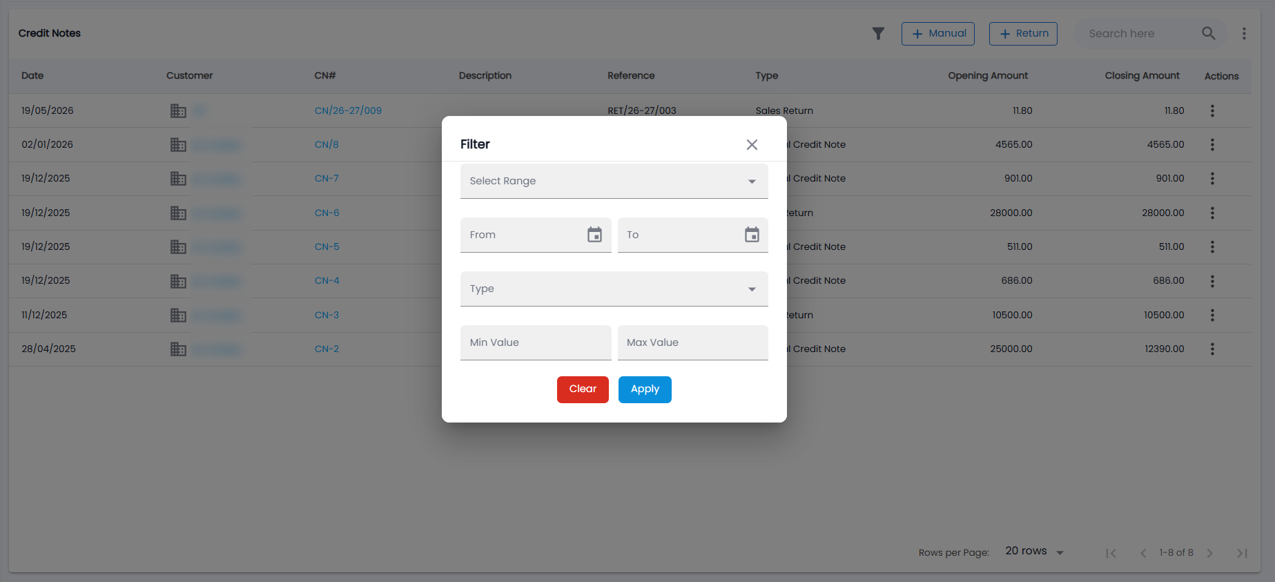 Tazk POS Credit Notes Filter dialog with Select Range, From and To, Type, Min Value and Max Value