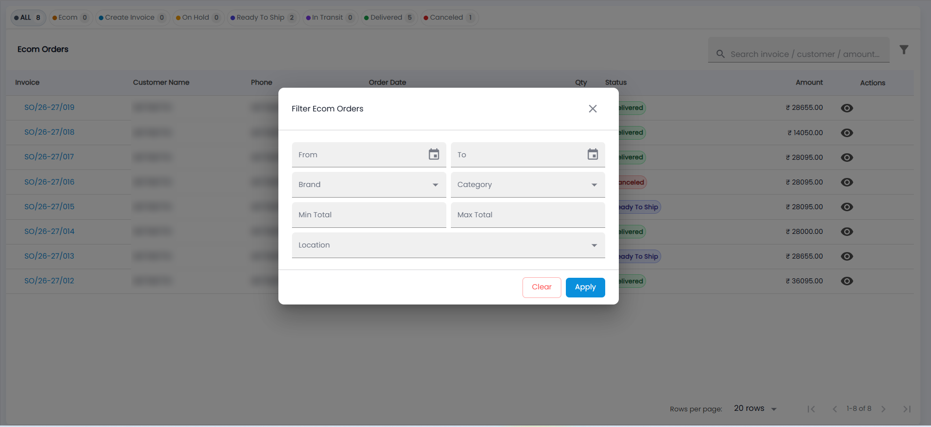 Tazk POS Filter Ecom Orders dialog with From and To dates, Brand, Category, Min Total, Max Total and Location
