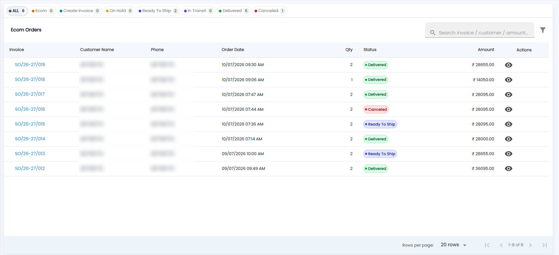 Tazk POS Ecom Orders list with status chips, search, filter and orders showing Invoice, Customer Name, Phone, Order Date, Qty, Status, Amount and a view icon