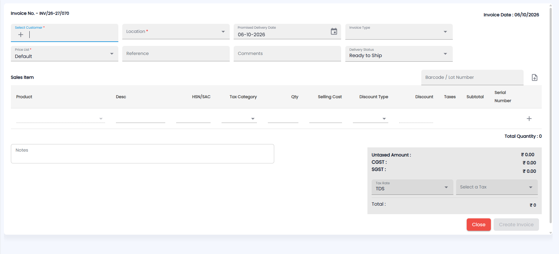 Tazk POS new invoice form with Select Customer, Location, Promised Delivery Date, Invoice Type, Price List, Delivery Status, Barcode / Lot Number, the Sales Item table and totals with Tax Rate