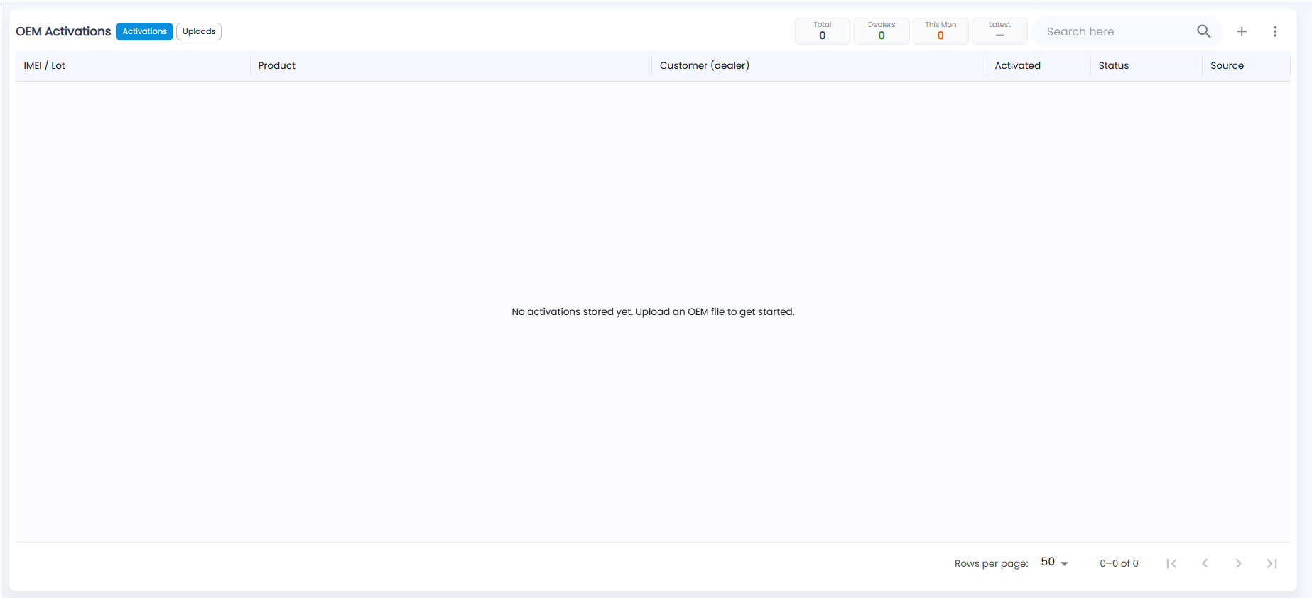 Tazk POS OEM Activations page with the Activations and Uploads chips, Total, Dealers, This Mon and Latest tiles, search, + and the options menu