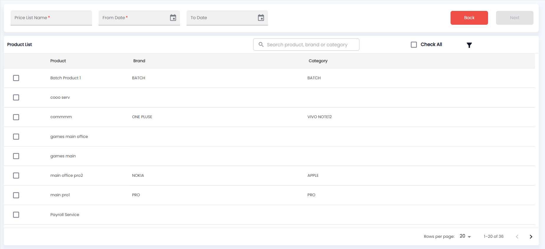 Tazk POS new price list, step 1, with Price List Name, From Date, To Date and the Product List with search, Check All and filter