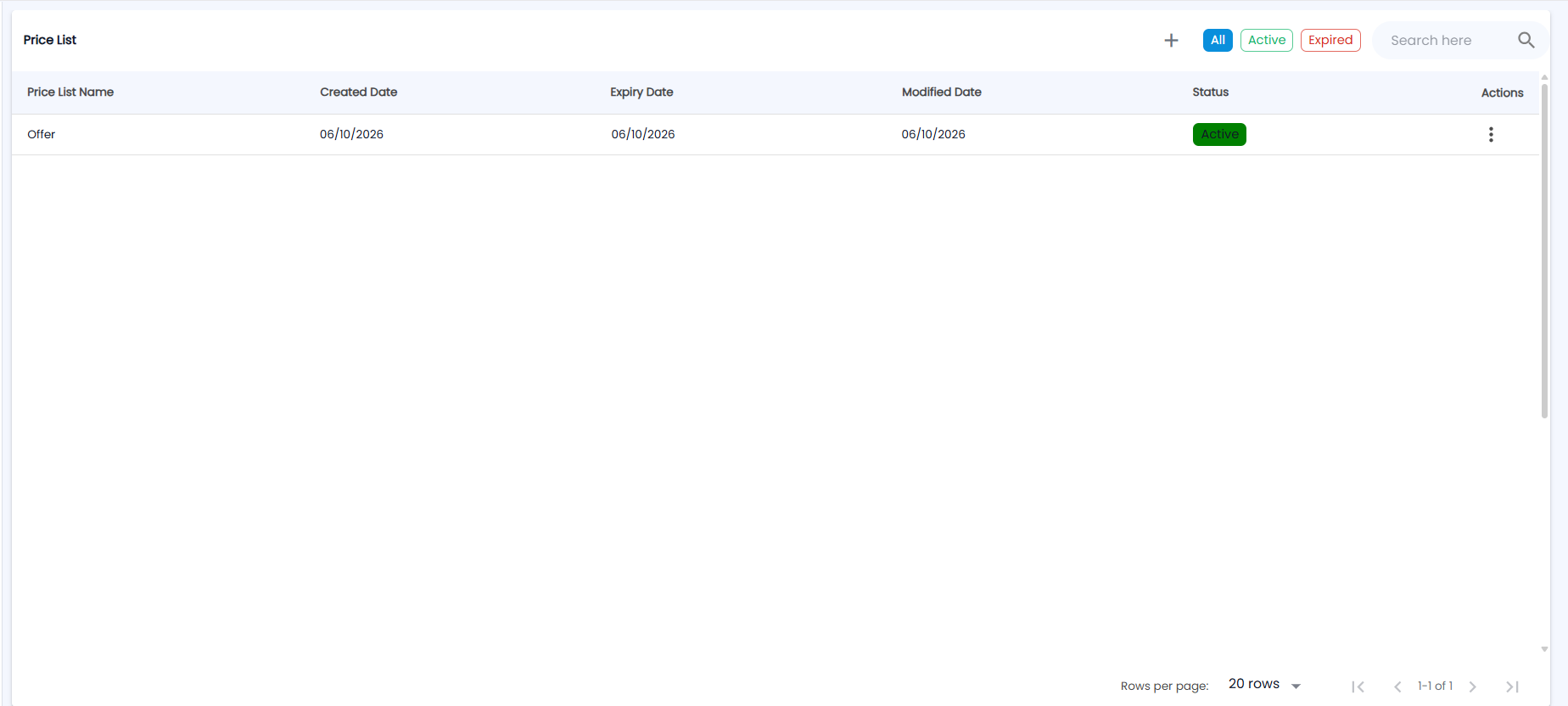 Tazk POS Price List page with All, Active and Expired chips and Price List Name, Created Date, Expiry Date, Modified Date, Status and an actions menu