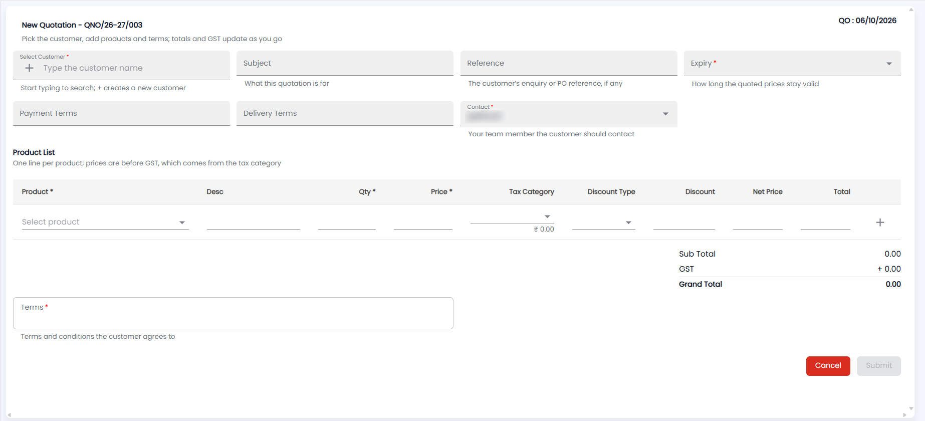 Tazk POS New Quotation form with Select Customer, Subject, Reference, Expiry, Payment Terms, Delivery Terms, Contact, the Product List and Terms