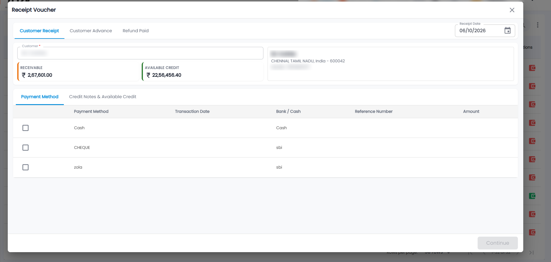 Tazk POS Receipt Voucher with Customer Receipt, Customer Advance and Refund Paid tabs, Receivable and Available Credit, and the Payment Method table