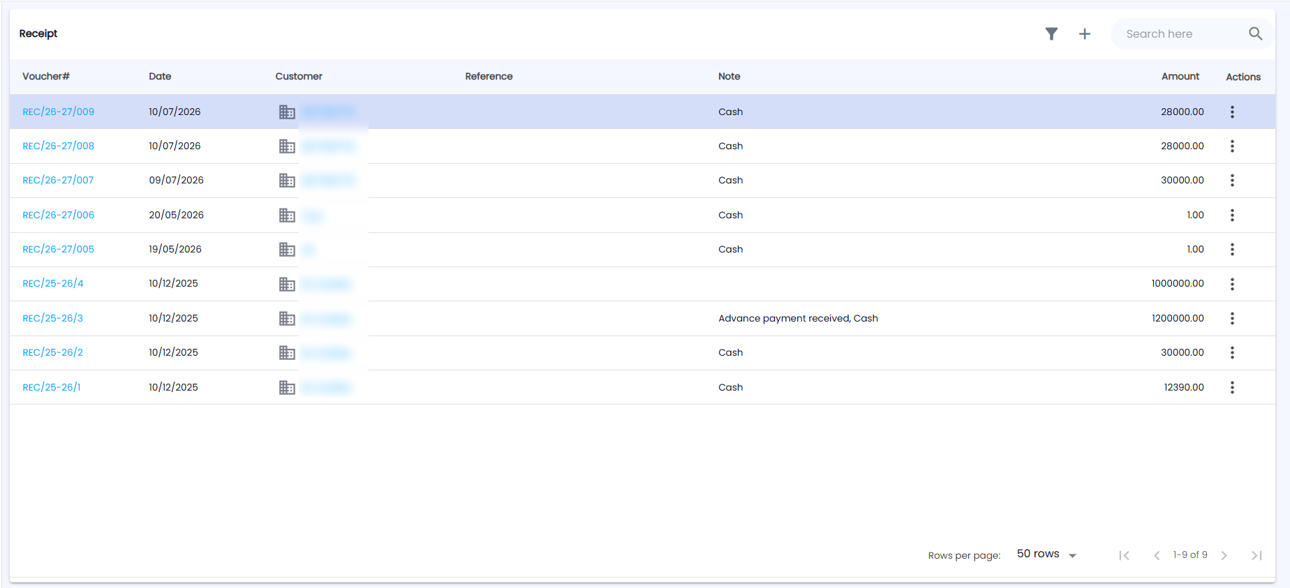 Tazk POS Receipt list with Voucher#, Date, Customer, Reference, Note, Amount and an actions menu