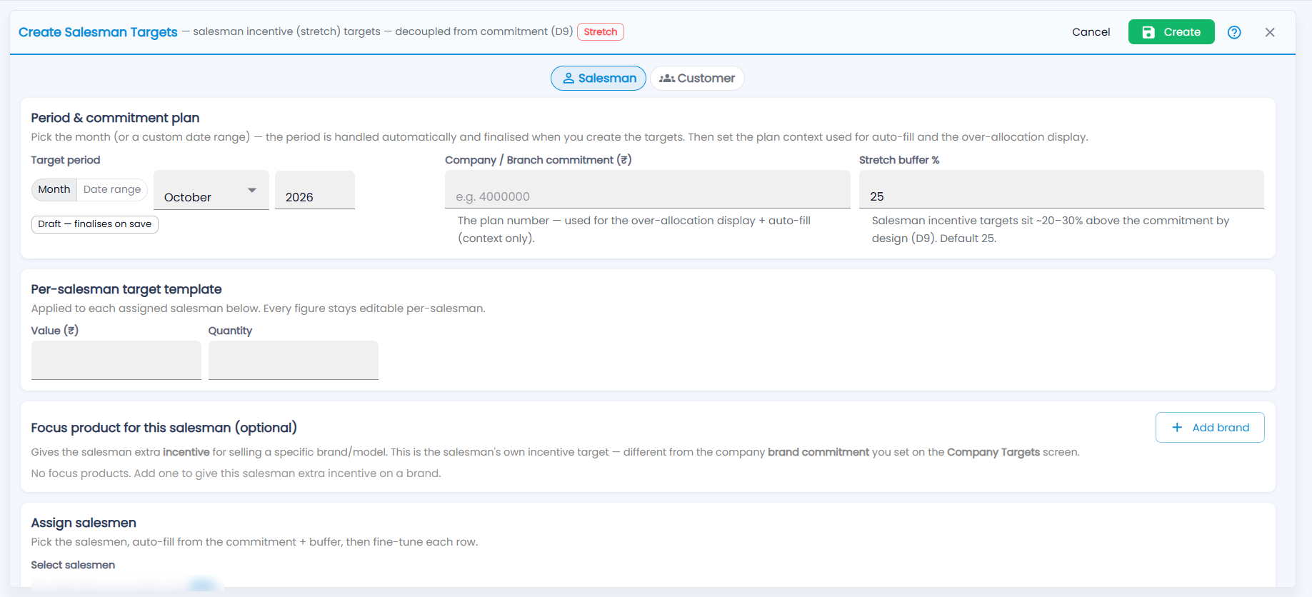Tazk POS Create Salesman Targets with Salesman and Customer, Period and commitment plan, Stretch buffer %, the per-salesman template, Focus product and Assign salesmen