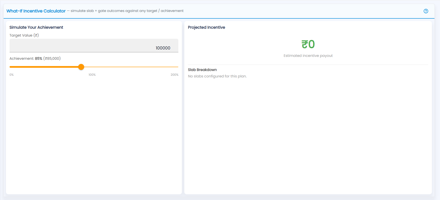 Tazk POS What-If Incentive Calculator with Target Value, the achievement slider, Projected Incentive and Slab Breakdown
