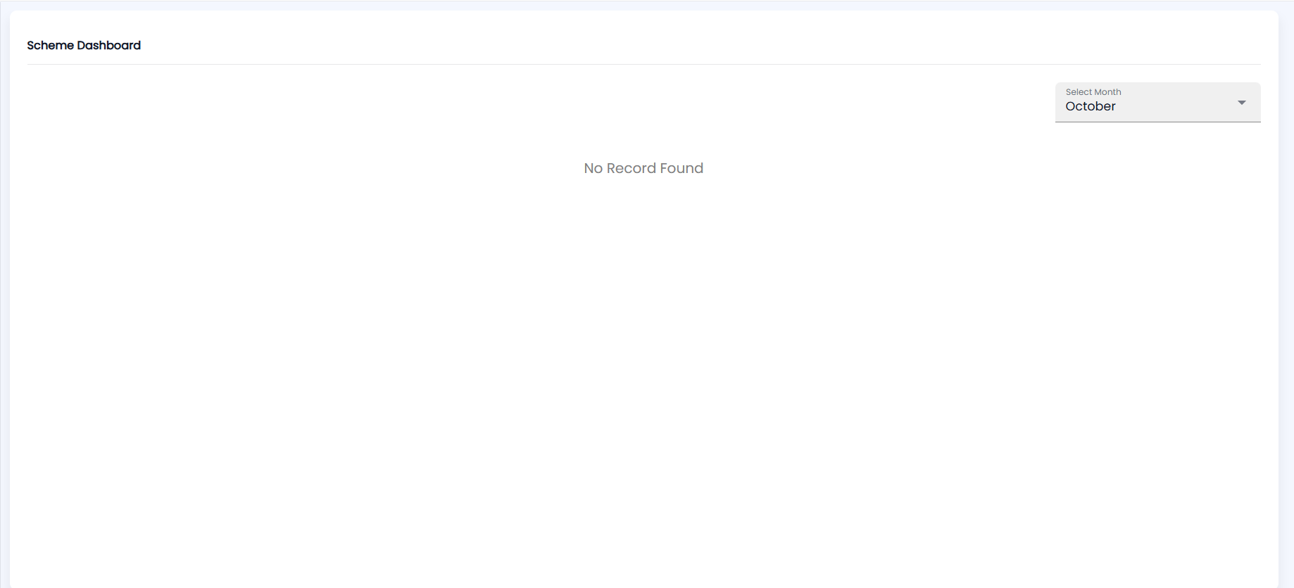 Tazk POS Scheme Dashboard with Select Month and the No Record Found state