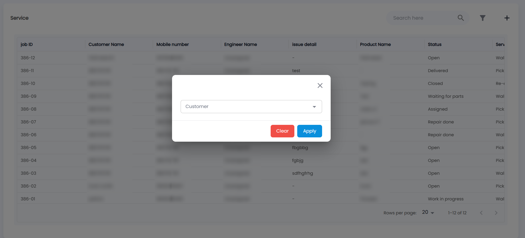 Tazk POS Service list filter with the Customer field and Clear and Apply