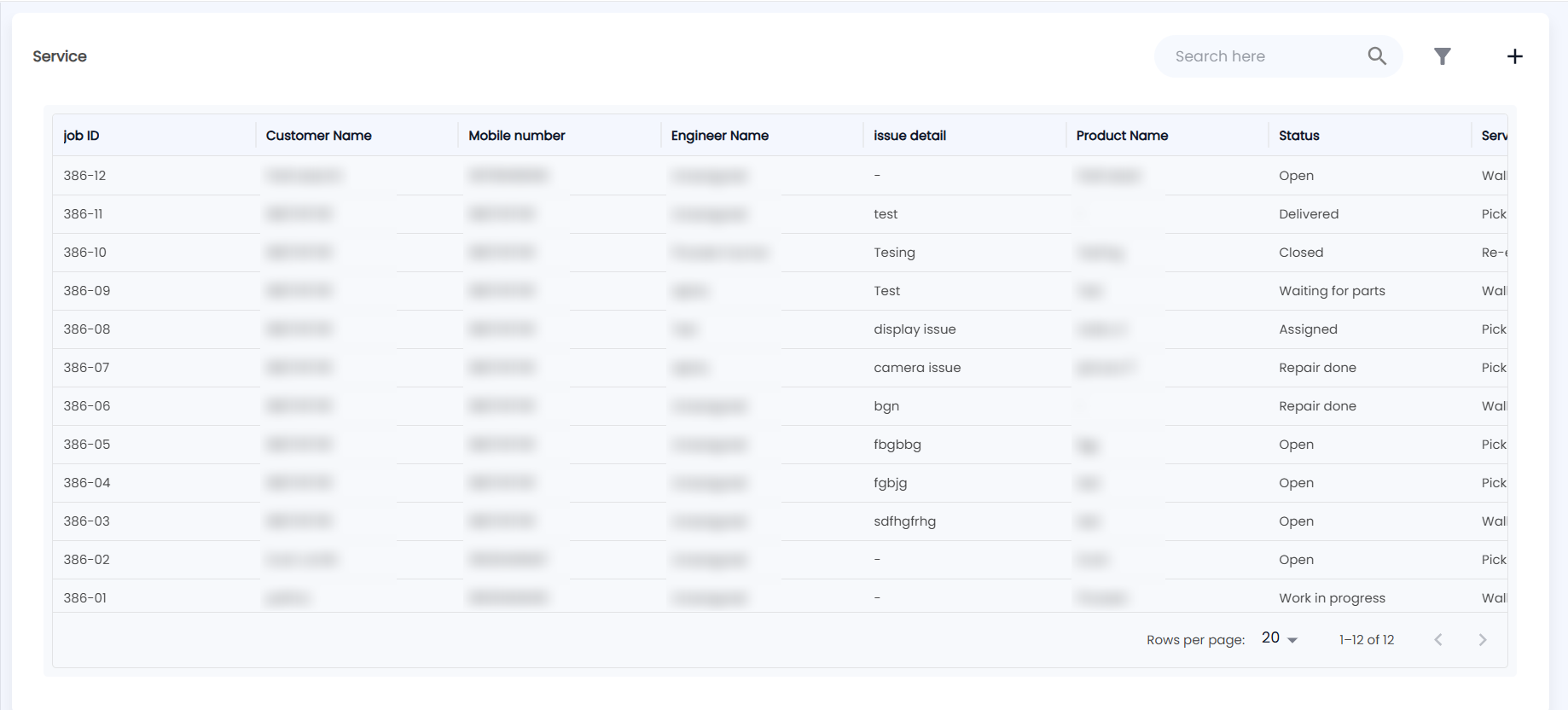 Tazk POS Service list with job ID, Customer Name, Mobile number, Engineer Name, issue detail, Product Name, Status and Service Type
