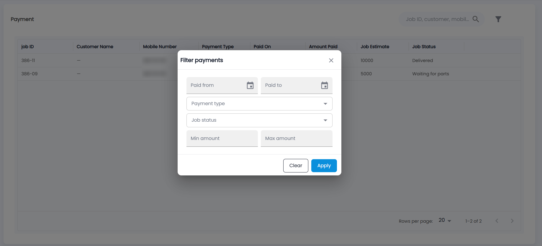 Tazk POS Filter payments dialog with Paid from, Paid to, Payment type, Job status, Min amount and Max amount