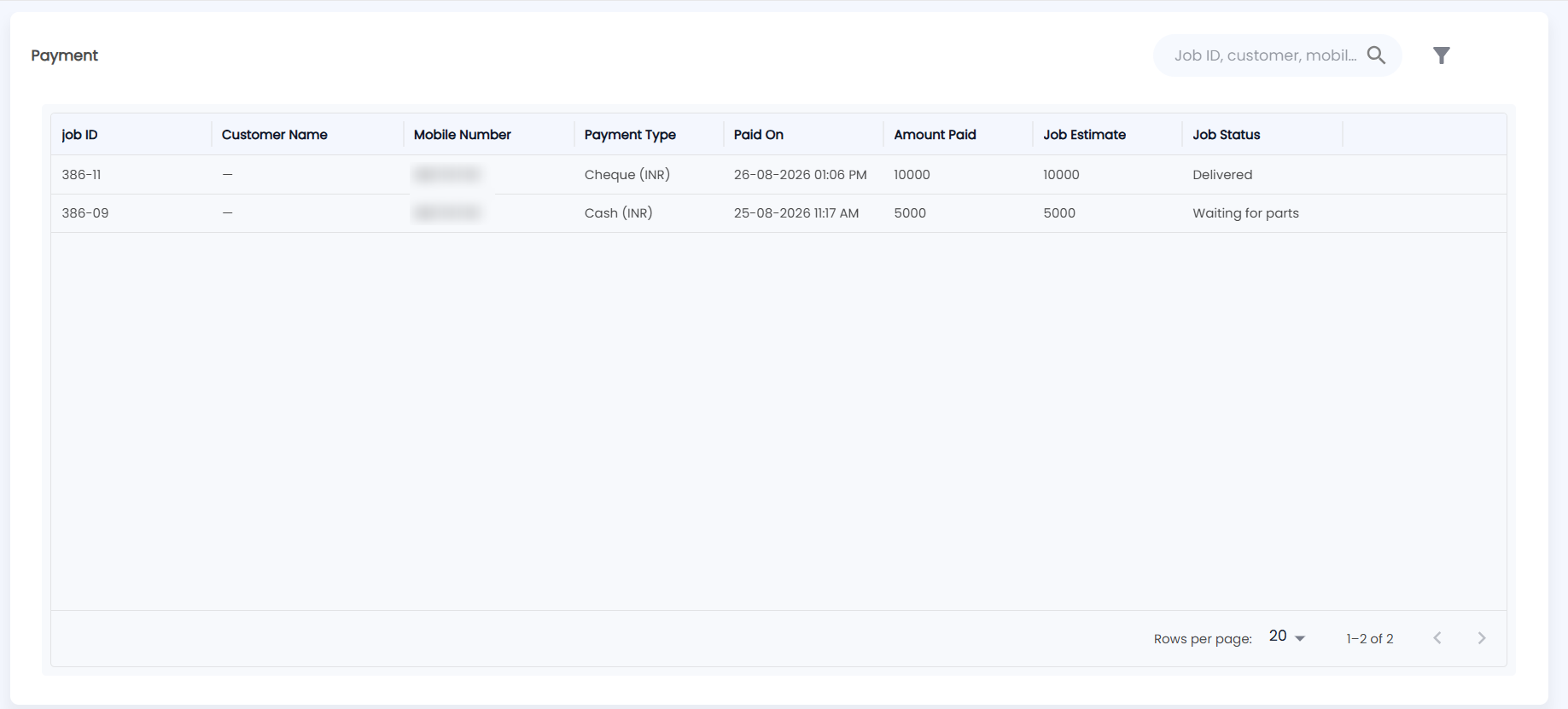 Tazk POS service Payment list with job ID, Customer Name, Mobile Number, Payment Type, Paid On, Amount Paid, Job Estimate and Job Status