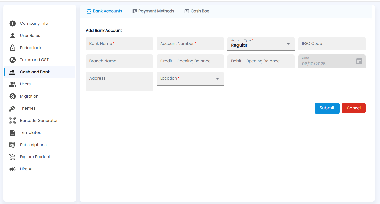 Tazk POS Add Bank Account form with Bank Name, Account Number, Account Type, IFSC Code, Branch Name, opening balances, Date, Address and Location