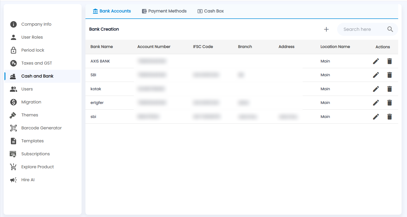 Tazk POS Cash and Bank Bank Accounts tab with Bank Name, Account Number, IFSC Code, Branch, Address, Location Name and Actions