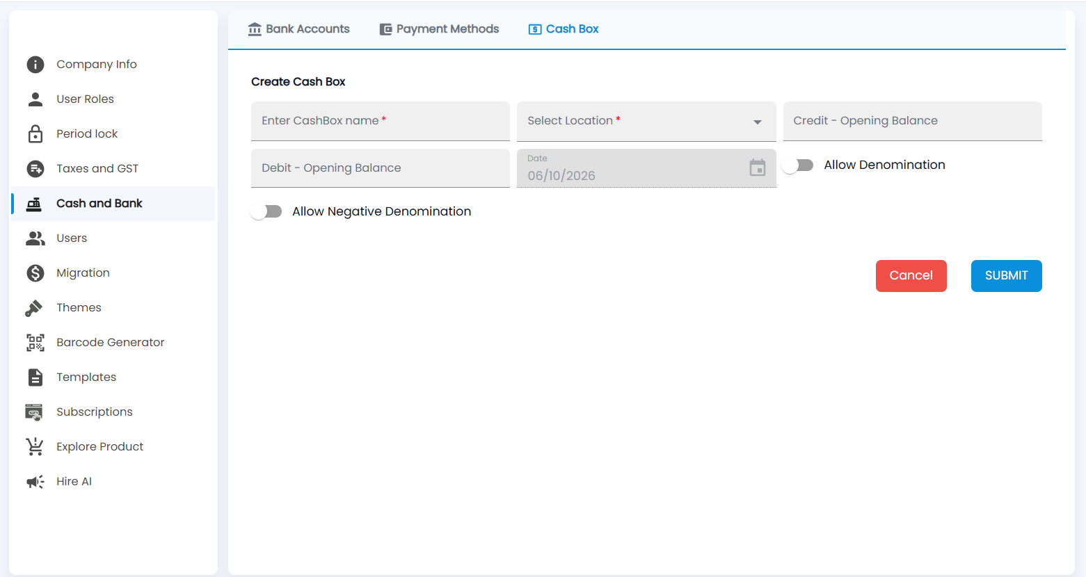Tazk POS Create Cash Box form with CashBox name, Location, opening balances, Date and the denomination switches