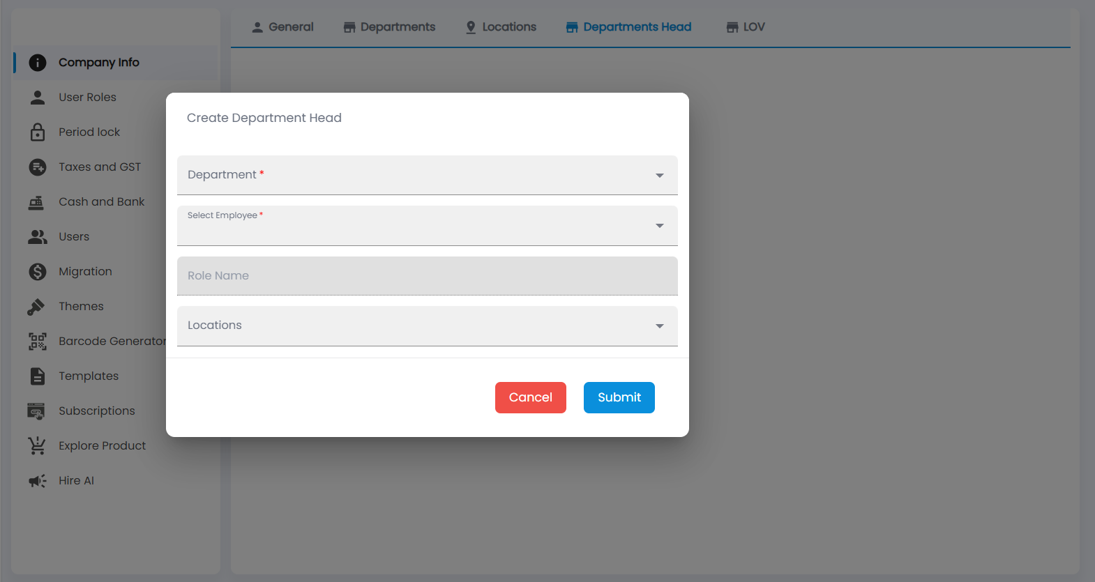 Tazk POS Create Department Head dialog with Department, Select Employee, Role Name and Locations