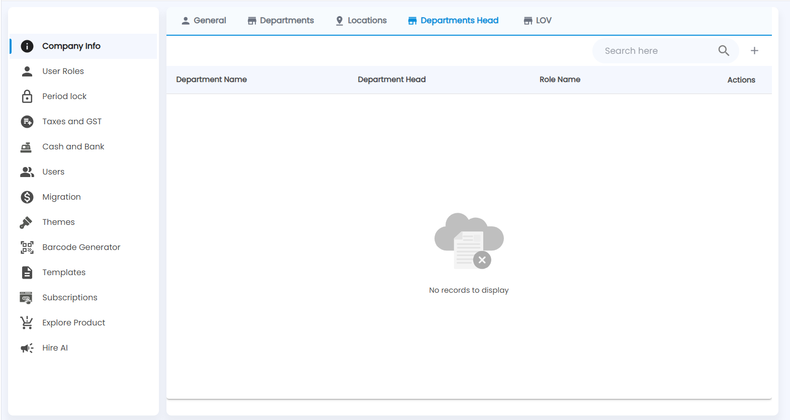 Tazk POS Departments Head tab with Department Name, Department Head, Role Name and Actions