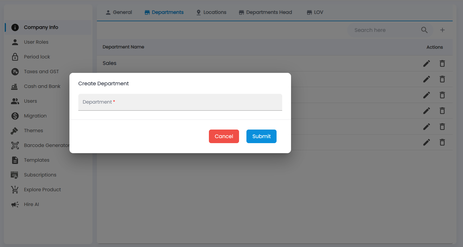 Tazk POS Create Department dialog with the Department field