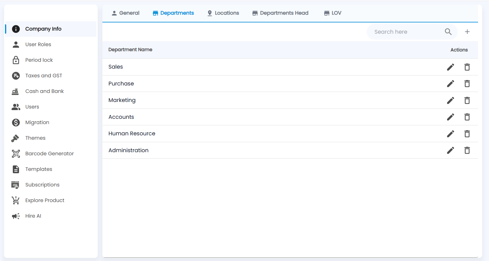 Tazk POS Departments tab with Sales, Purchase, Marketing, Accounts, Human Resource and Administration