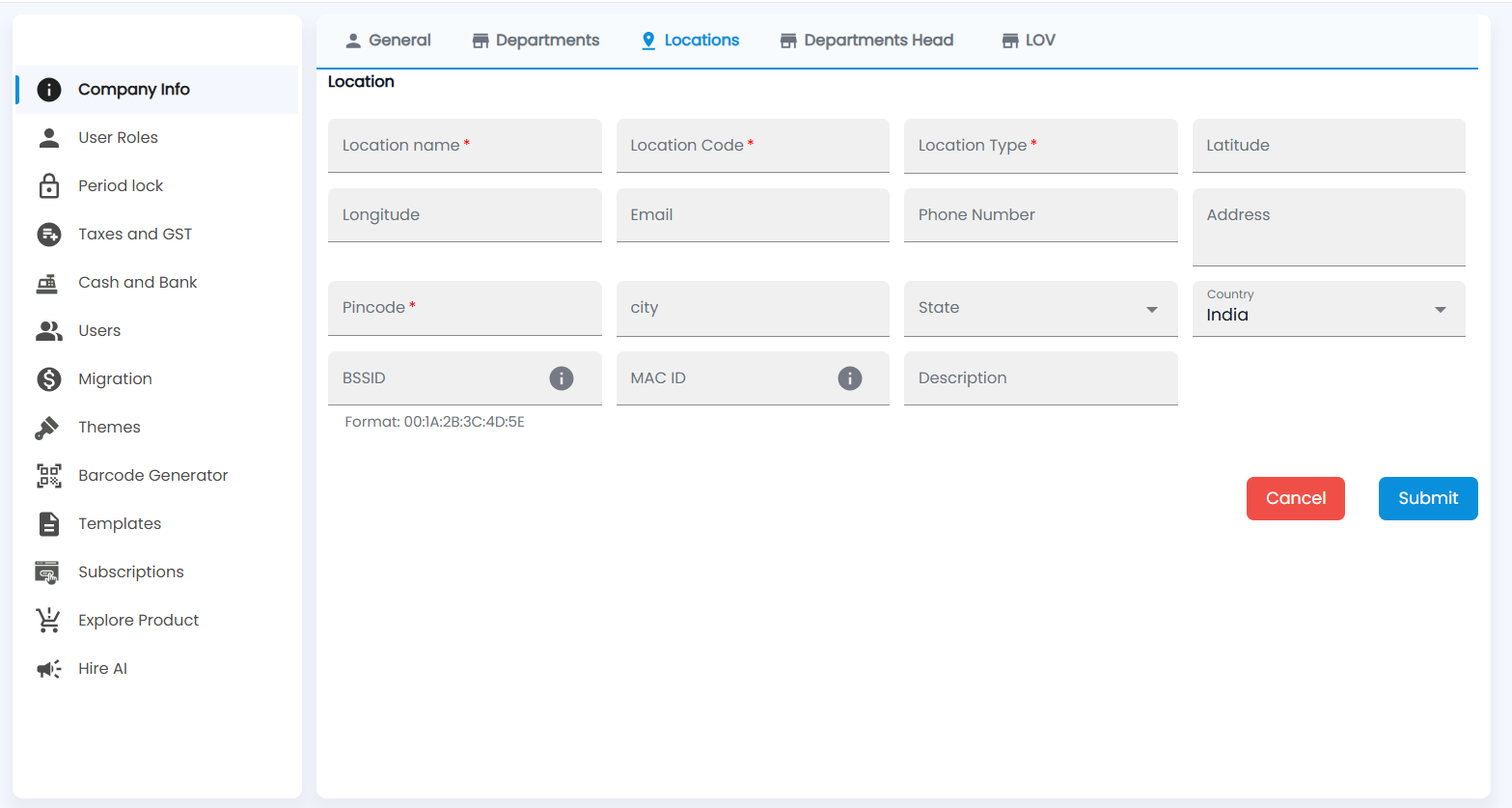 Tazk POS new Location form with name, code, type, coordinates, contact, address, BSSID, MAC ID and Description