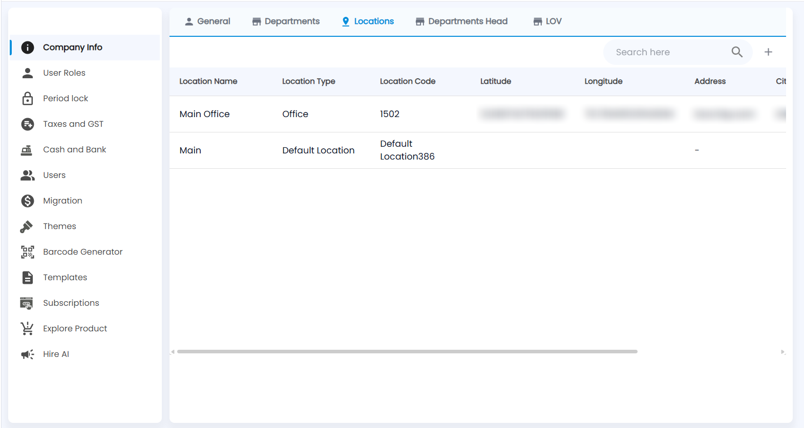 Tazk POS Locations tab with Location Name, Location Type, Location Code, Latitude, Longitude, Address and City