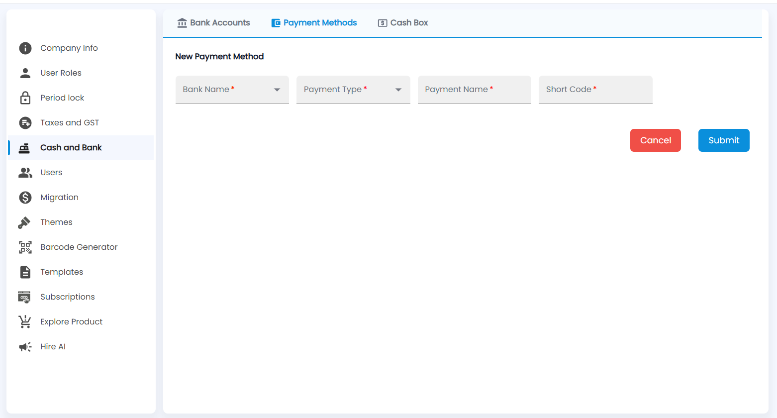 Tazk POS New Payment Method form with Bank Name, Payment Type, Payment Name and Short Code