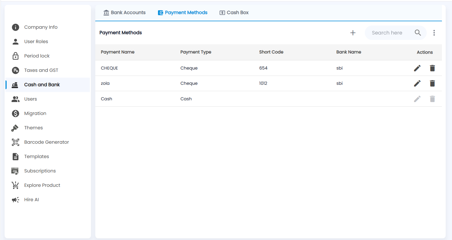 Tazk POS Payment Methods tab with Payment Name, Payment Type, Short Code, Bank Name and Actions