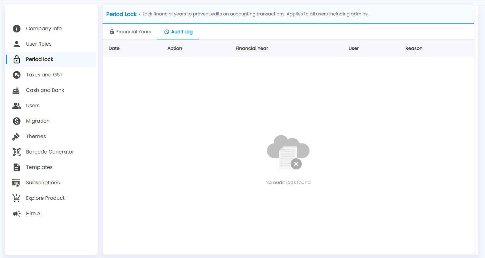 Tazk POS Period Lock Audit Log tab with Date, Action, Financial Year, User and Reason