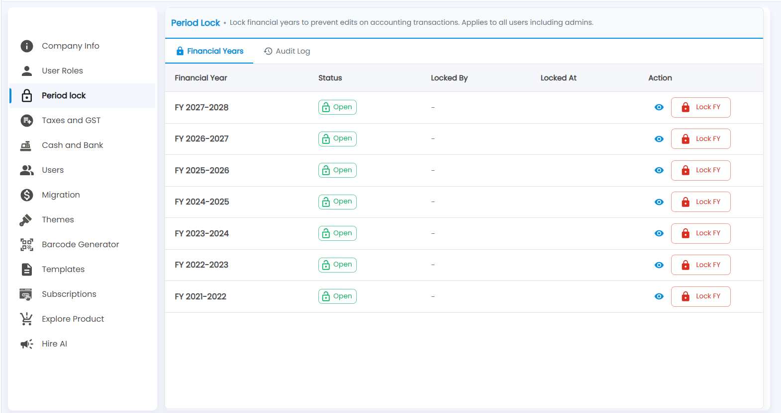 Tazk POS Period Lock Financial Years tab with Status, Locked By, Locked At and the Lock FY buttons
