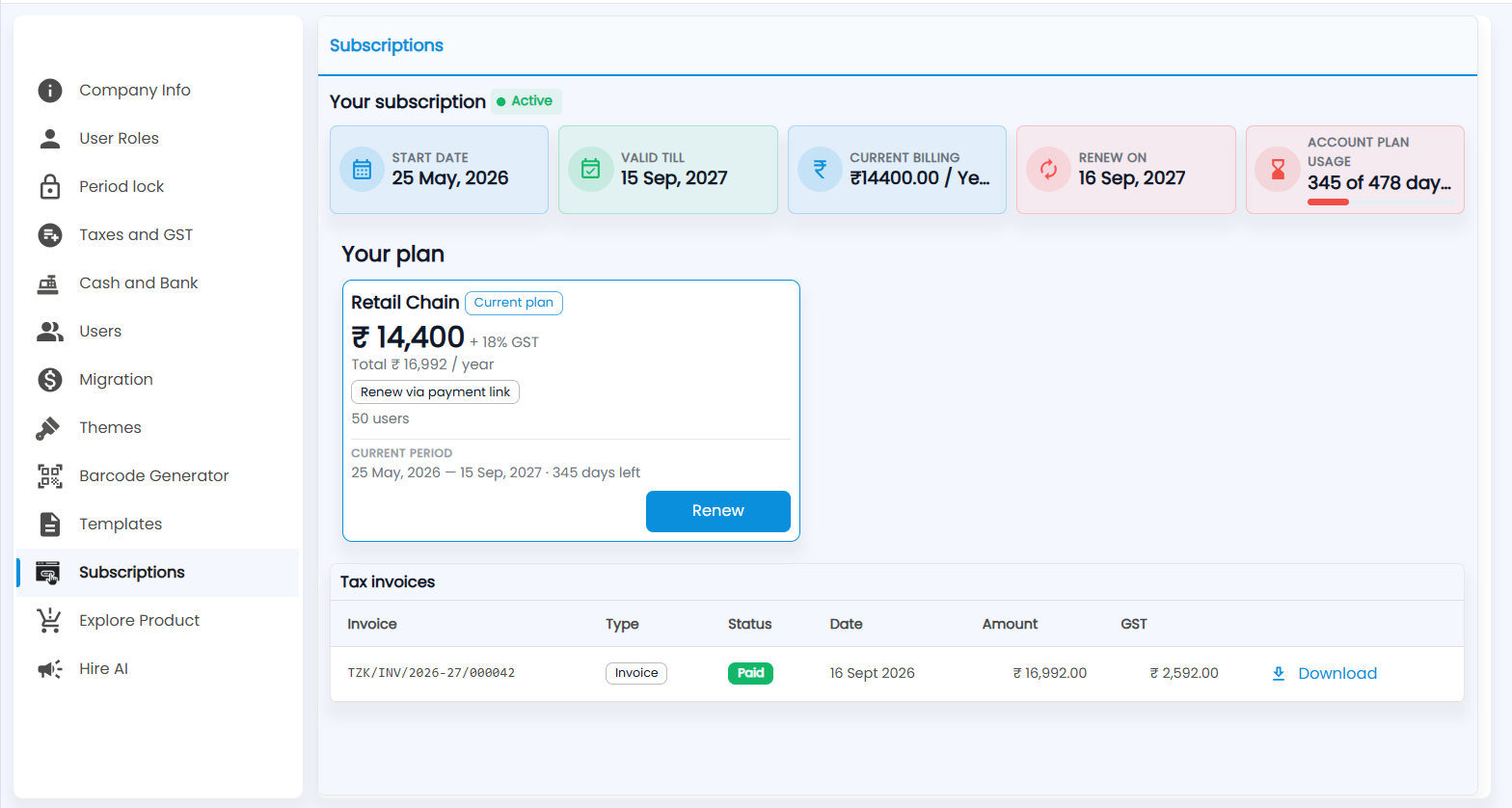 Tazk POS Subscriptions with the Active status, Start Date, Valid Till, Current Billing, Renew On and Account Plan Usage tiles, Your plan and Tax invoices