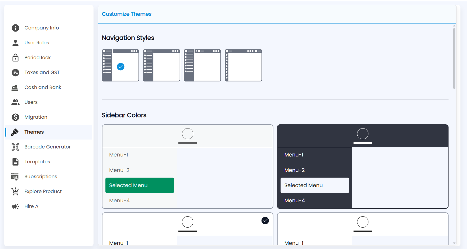 Tazk POS Customize Themes with Navigation Styles and Sidebar Colors