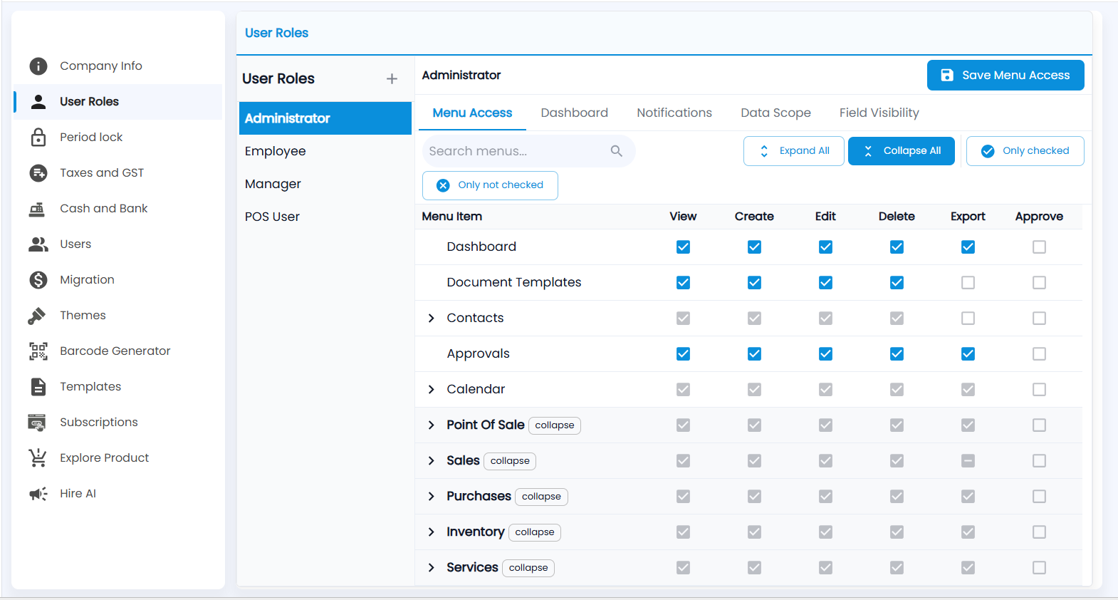 Tazk POS User Roles with the role list, the Menu Access tab and the View, Create, Edit, Delete, Export and Approve grid