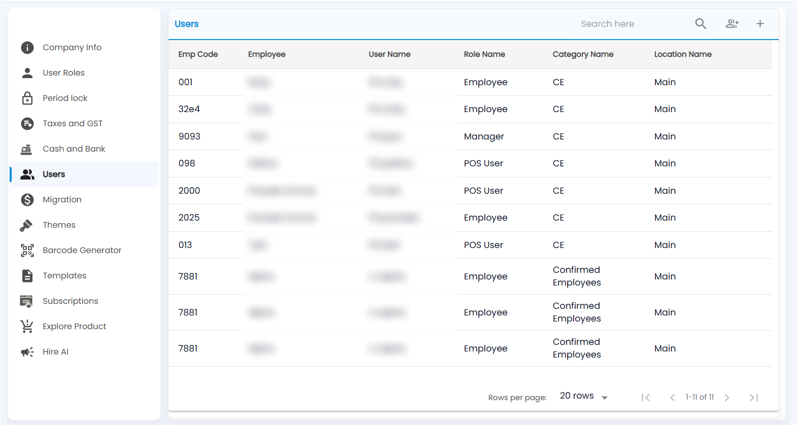 Tazk POS Users list with Emp Code, Employee, User Name, Role Name, Category Name and Location Name