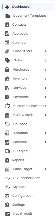 Tazk POS sidebar menu from Dashboard, Document Templates, Contacts, Approvals and Calendar down to Configuration, Settings and Health Audit
