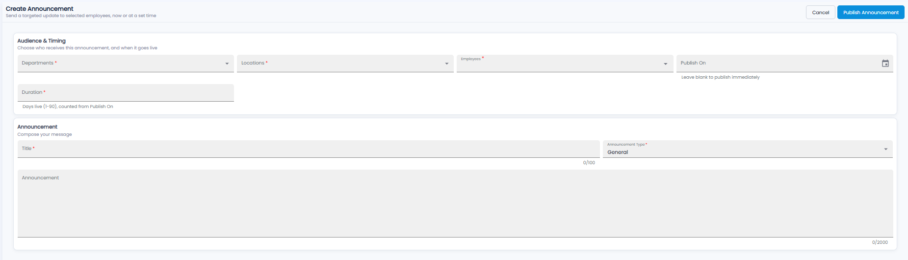 Create Announcement form with departments, locations, employees, publish on, duration, title, announcement type, and the message