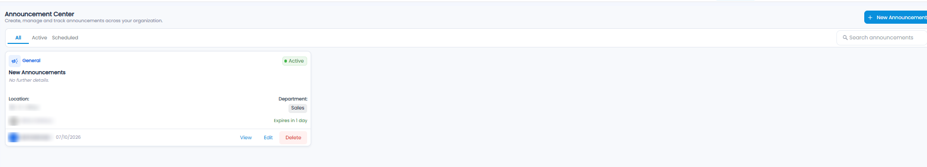 Announcement Center with All, Active, and Scheduled tabs, a search box, a New Announcement button, and an announcement card