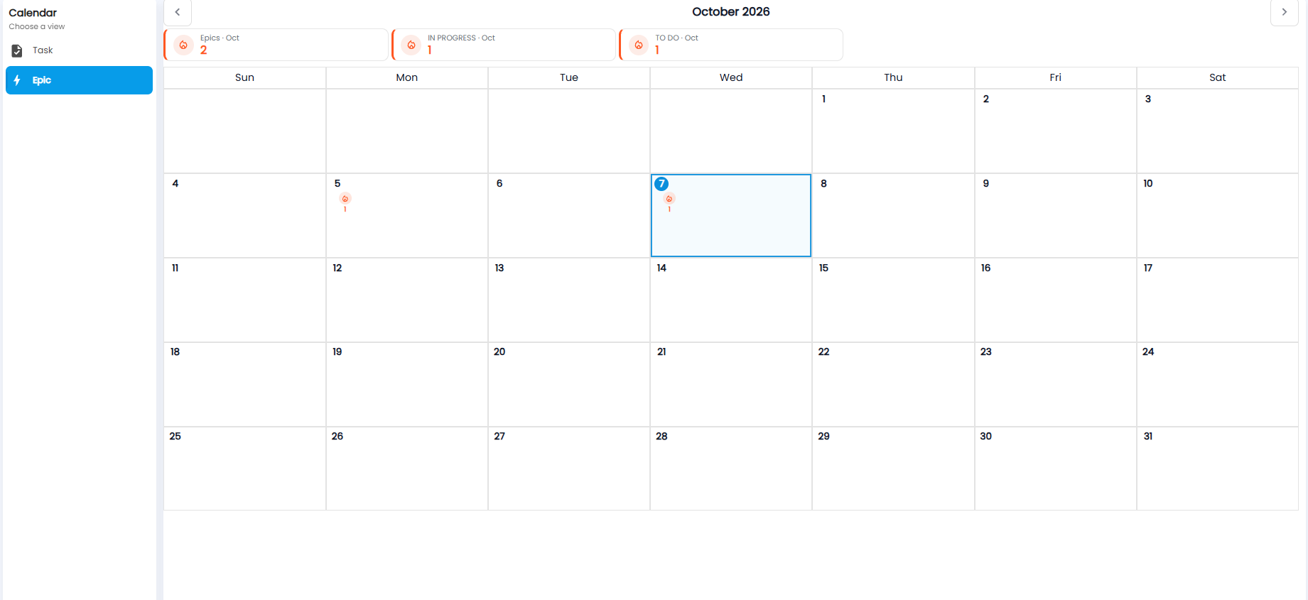 Calendar in Epic view, with epics, in progress, and to do counts for October and markers on the days epics fall