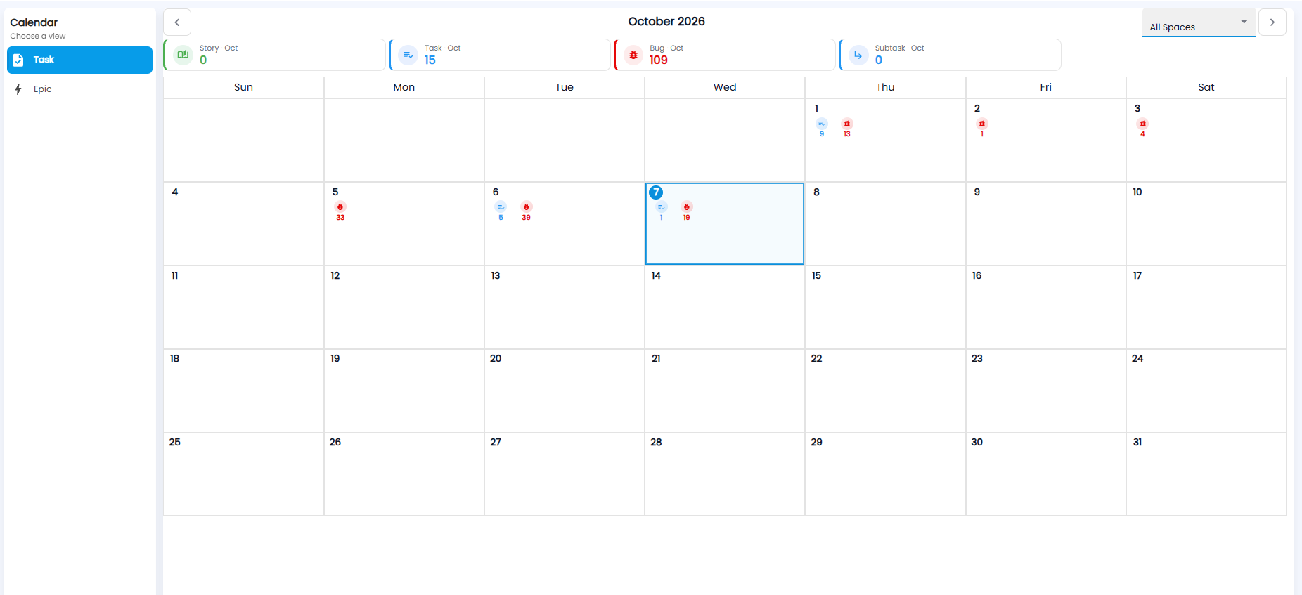 Calendar in Task view, with story, task, bug, and subtask counts for October and markers on each day