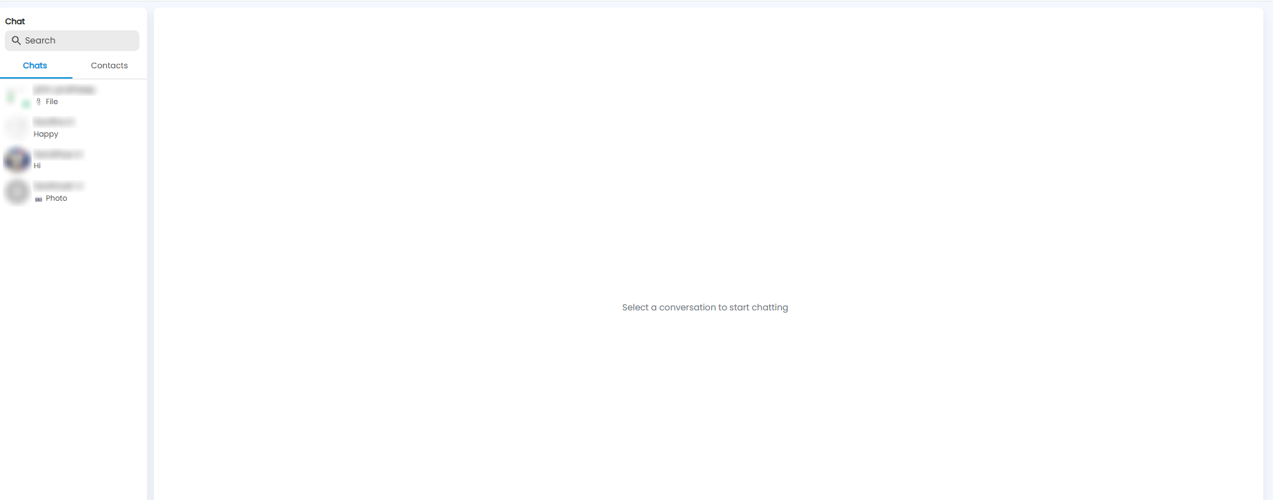 Chat page with a search box, Chats and Contacts tabs, a list of recent conversations, and the conversation area