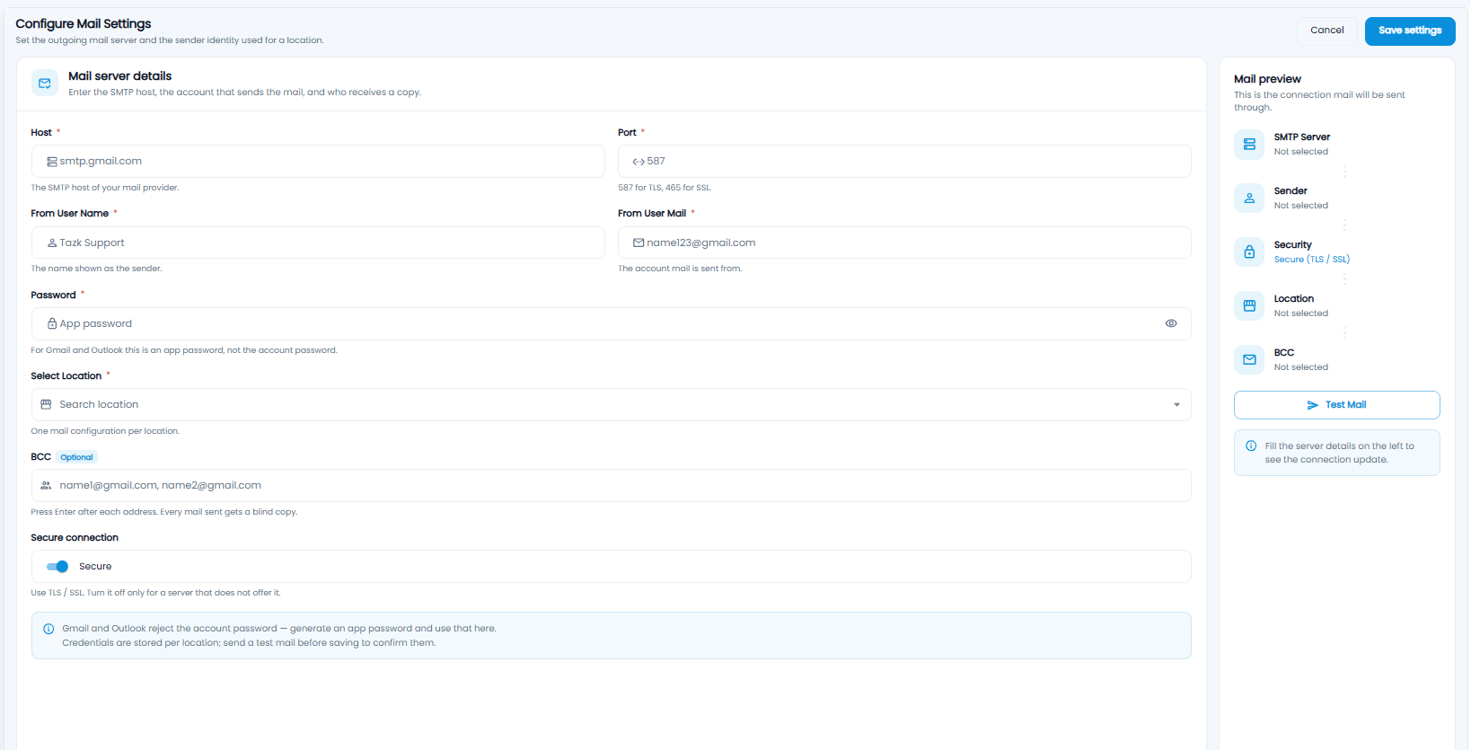 Configure Mail Settings with host, port, sender name and mail, password, location, BCC, secure connection, and Test Mail