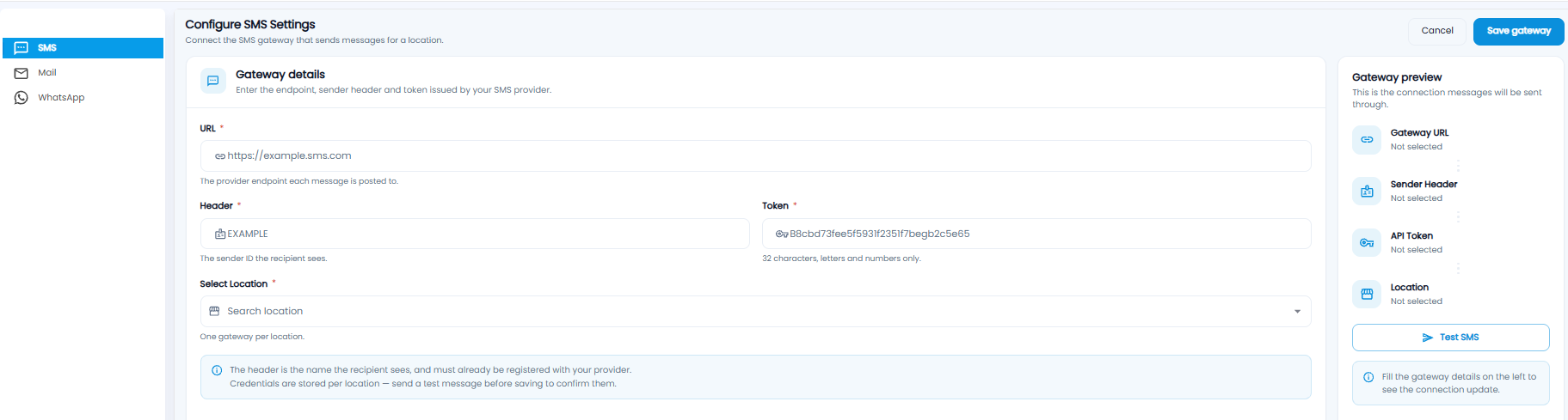 Configure SMS Settings with URL, header, token, and location, a gateway preview, and Test SMS