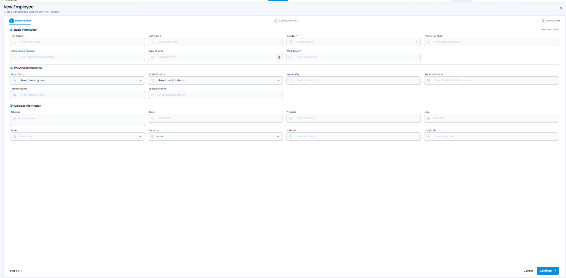 New Employee form, step 1 Personal Info, with basic, personal, and contact information