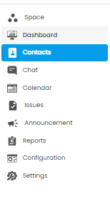 Tazk Projects sidebar with Space, Dashboard, Contacts, Chat, Calendar, Issues, Announcement, Reports, Configuration, and Settings