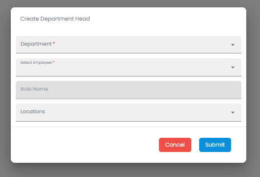 Create Department Head dialog with department, employee, role name, and locations