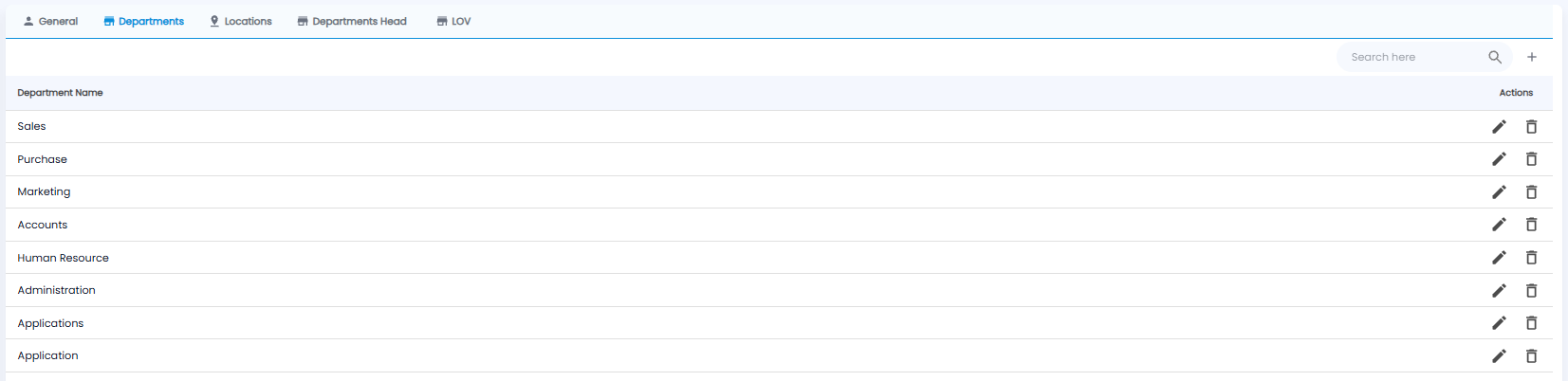 Departments tab listing department names with edit and delete actions